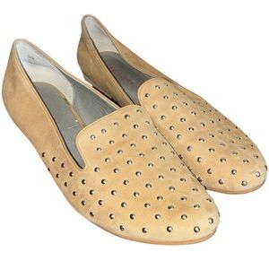 TESORI Slip-On Tan Suede Leather Flat Loafers with Silver Studs. 10